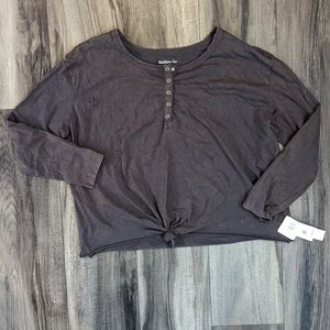 Long Sleeve Crop Top from Rebellious One, Charcoal with accent knot and snap